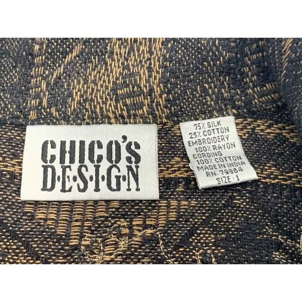 Chico's Design LS Button Front‎ Silk Blend Jacket Black/Tan Beaded Embroidered M